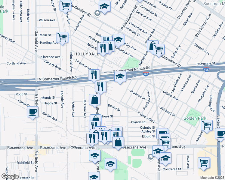 map of restaurants, bars, coffee shops, grocery stores, and more near in Paramount