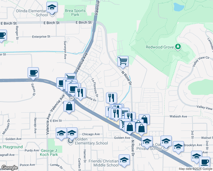 map of restaurants, bars, coffee shops, grocery stores, and more near 3655 Mercado Drive in Brea