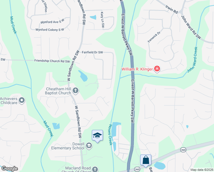 map of restaurants, bars, coffee shops, grocery stores, and more near 2497 Fairfield Court Southwest in Marietta
