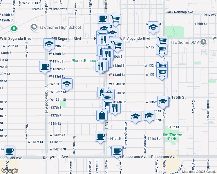 map of restaurants, bars, coffee shops, grocery stores, and more near 13420 Hawthorne Boulevard in Hawthorne