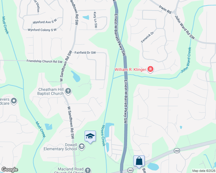 map of restaurants, bars, coffee shops, grocery stores, and more near 2512 Fairfield Court Southwest in Marietta