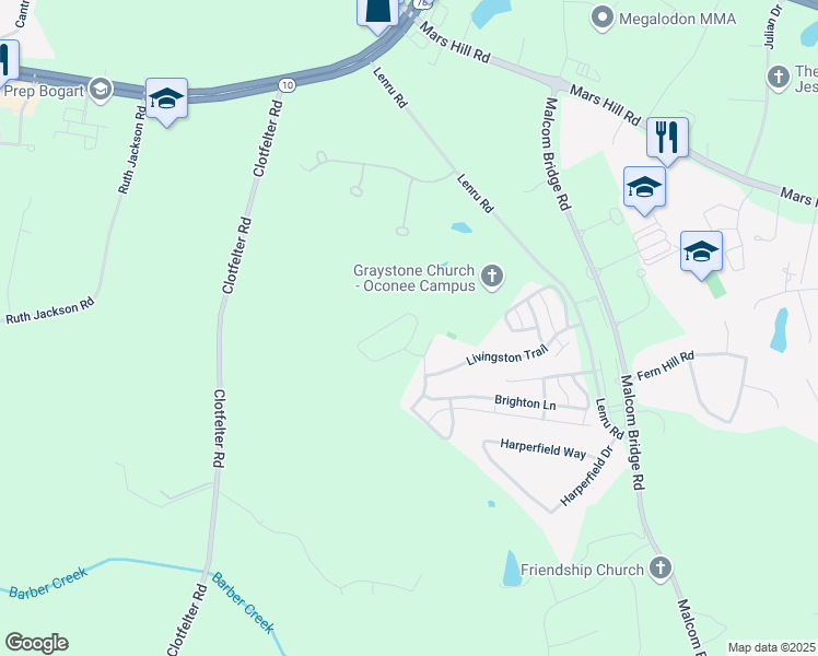 map of restaurants, bars, coffee shops, grocery stores, and more near 1550 Binghampton Circle in Bogart