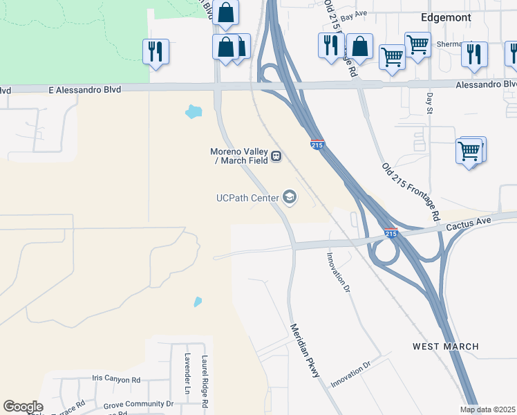 map of restaurants, bars, coffee shops, grocery stores, and more near 14305 Meridian Parkway in Riverside