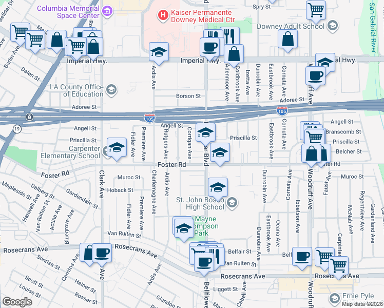 map of restaurants, bars, coffee shops, grocery stores, and more near 9632 Belcher Street in Downey