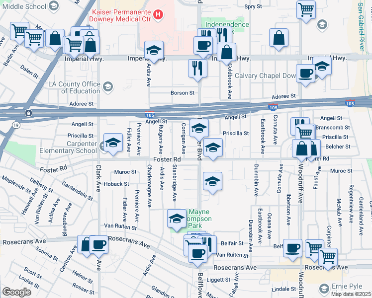 map of restaurants, bars, coffee shops, grocery stores, and more near 9632 Belcher Street in Downey