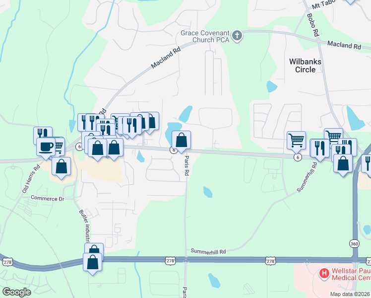 map of restaurants, bars, coffee shops, grocery stores, and more near 1491 Atlanta Highway in Dallas