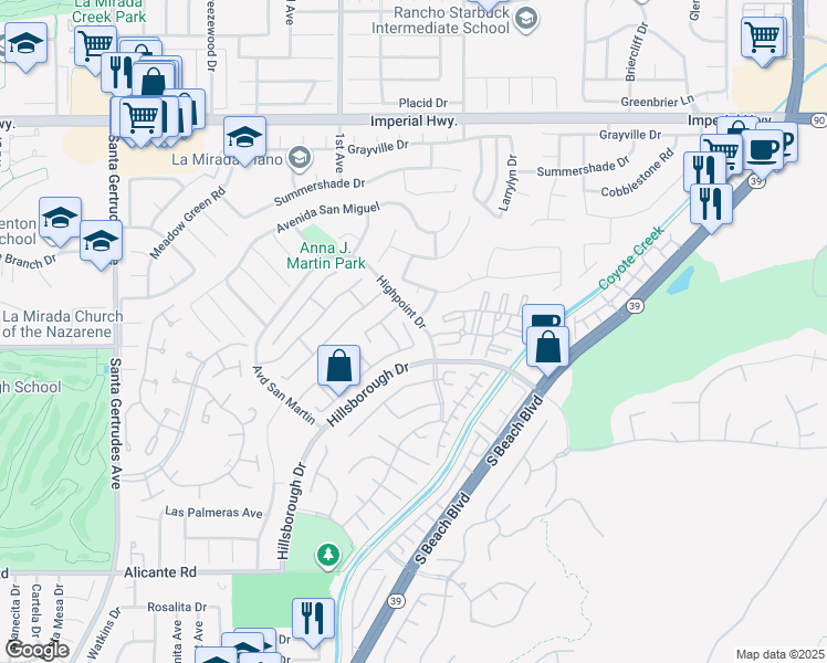 map of restaurants, bars, coffee shops, grocery stores, and more near 16234 Peppertree Lane in La Mirada