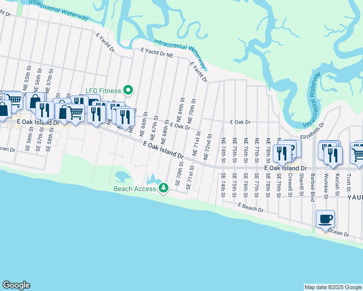 map of restaurants, bars, coffee shops, grocery stores, and more near 105 Northeast 70th Street in Oak Island