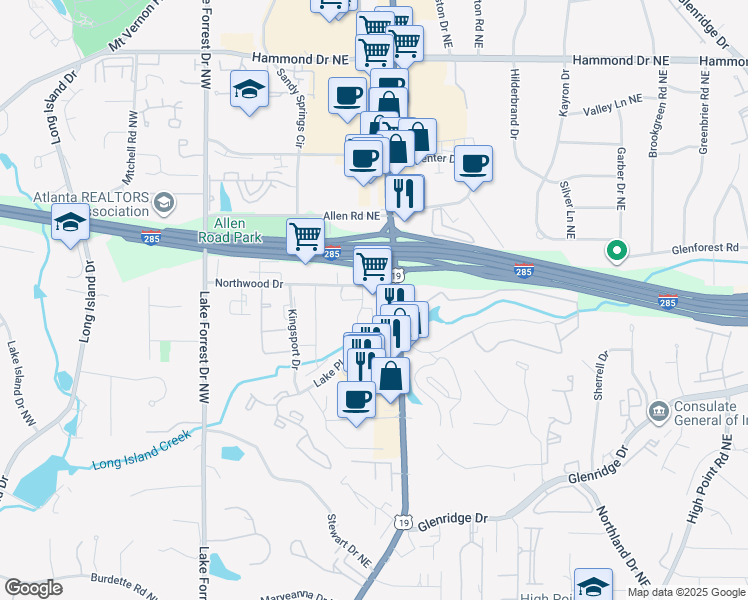 map of restaurants, bars, coffee shops, grocery stores, and more near 215 Northwood Drive in Atlanta