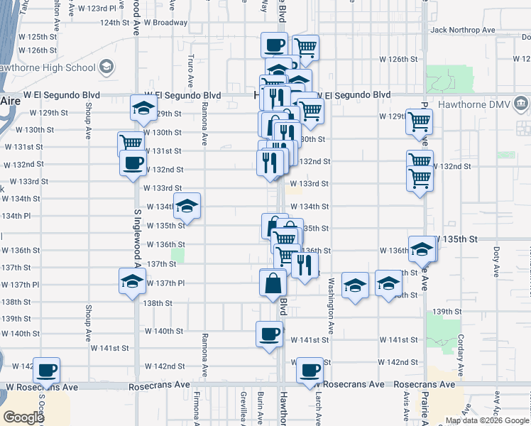 map of restaurants, bars, coffee shops, grocery stores, and more near 13415 Hawthorne Boulevard in Hawthorne