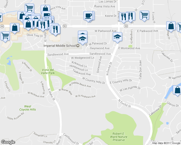 map of restaurants, bars, coffee shops, grocery stores, and more near 521 Teakwood Avenue in La Habra