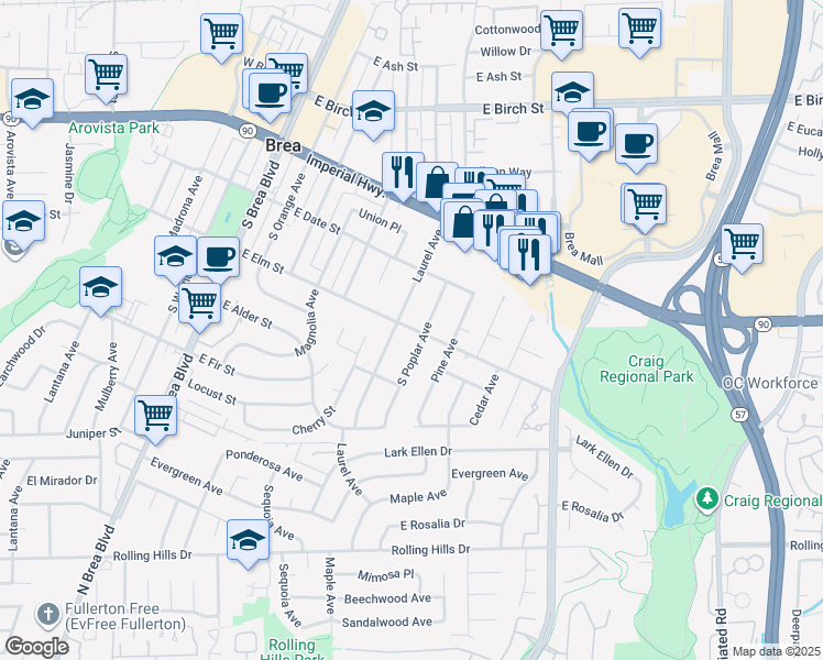 map of restaurants, bars, coffee shops, grocery stores, and more near 708 East Elm Street in Brea