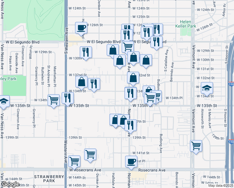 map of restaurants, bars, coffee shops, grocery stores, and more near 1452 West 134th Street in Gardena