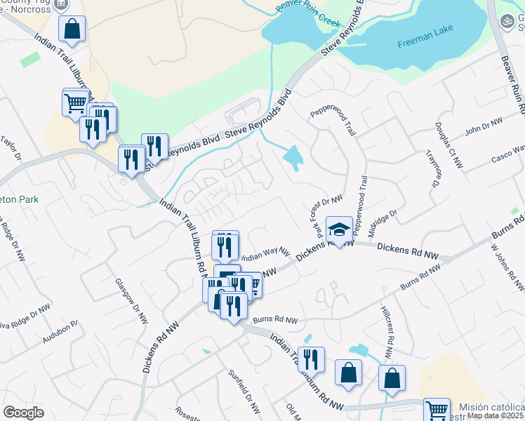 map of restaurants, bars, coffee shops, grocery stores, and more near 4770 Warners Trail in Norcross