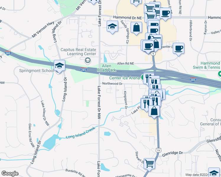 map of restaurants, bars, coffee shops, grocery stores, and more near 55 Northwood Drive in Atlanta