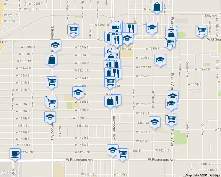map of restaurants, bars, coffee shops, grocery stores, and more near 13415 Hawthorne Blvd in Hawthorne