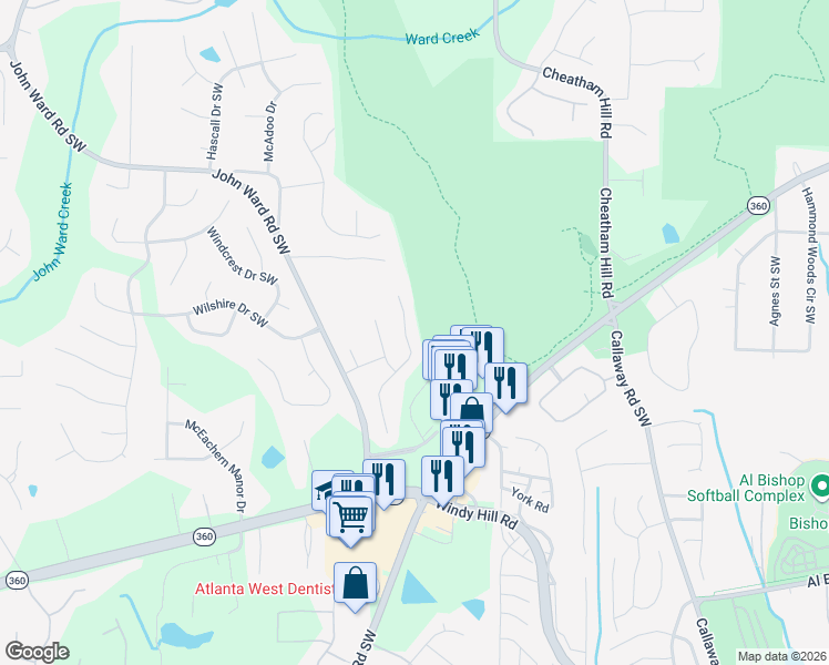 map of restaurants, bars, coffee shops, grocery stores, and more near 1715 Rifle Ridge Southwest in Marietta