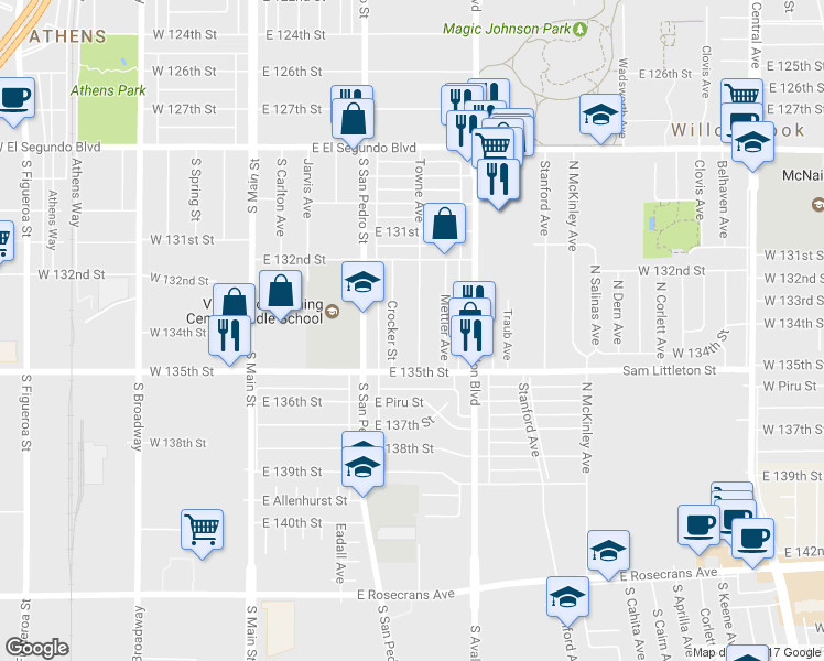 map of restaurants, bars, coffee shops, grocery stores, and more near 13339 Towne Avenue in Los Angeles