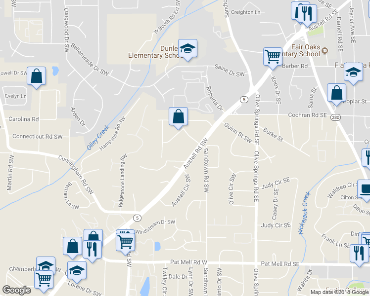 map of restaurants, bars, coffee shops, grocery stores, and more near 1772 Austell Road Southwest in Marietta