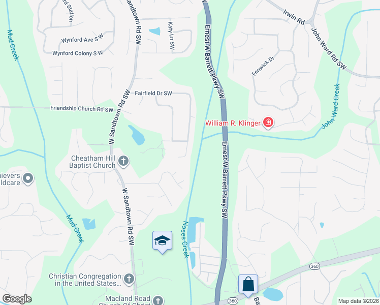 map of restaurants, bars, coffee shops, grocery stores, and more near 2512 Fairfield Court Southwest in Marietta