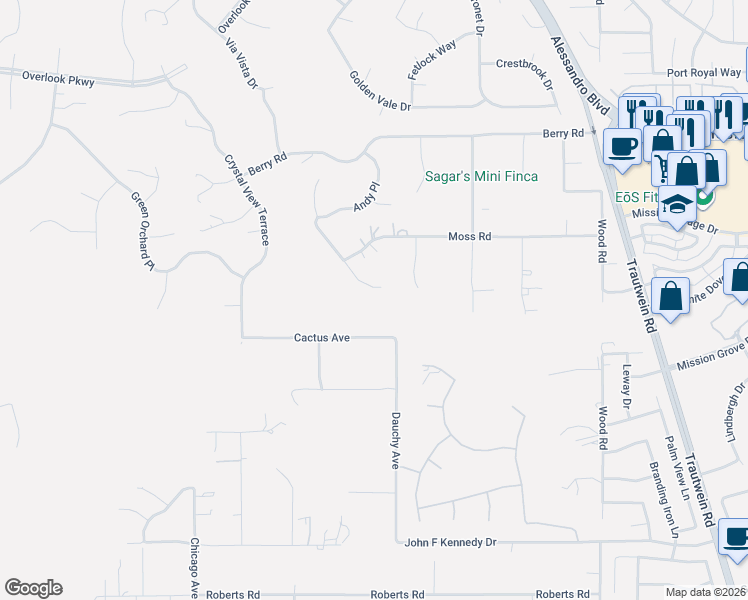 map of restaurants, bars, coffee shops, grocery stores, and more near 14449 Ashton Lane in Riverside