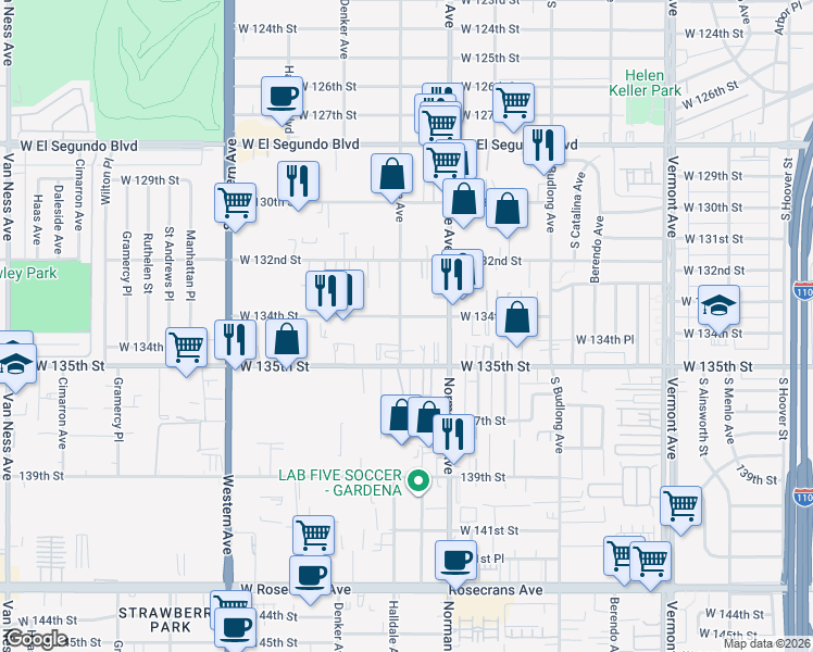 map of restaurants, bars, coffee shops, grocery stores, and more near 1452 West 134th Street in Gardena