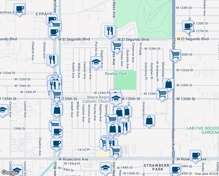map of restaurants, bars, coffee shops, grocery stores, and more near 13400 Spinning Avenue in Gardena