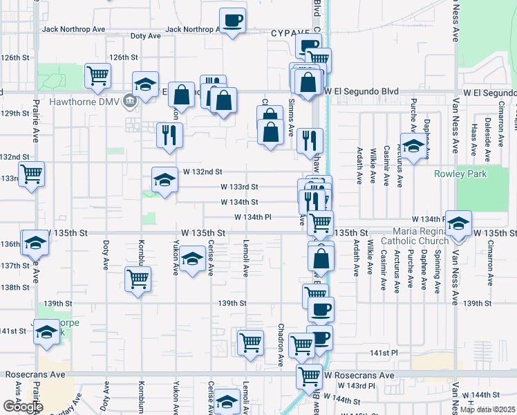 map of restaurants, bars, coffee shops, grocery stores, and more near 3250 West 134th Street in Hawthorne
