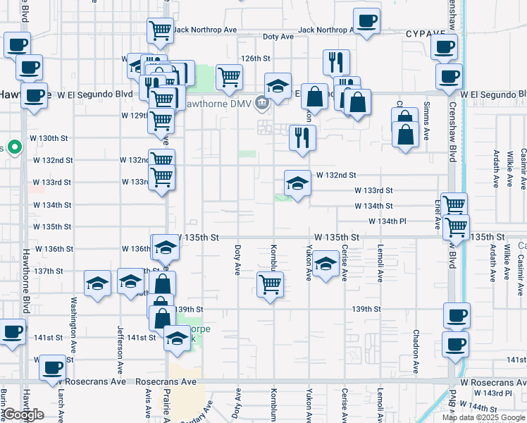 map of restaurants, bars, coffee shops, grocery stores, and more near 13414 Doty Avenue in Hawthorne