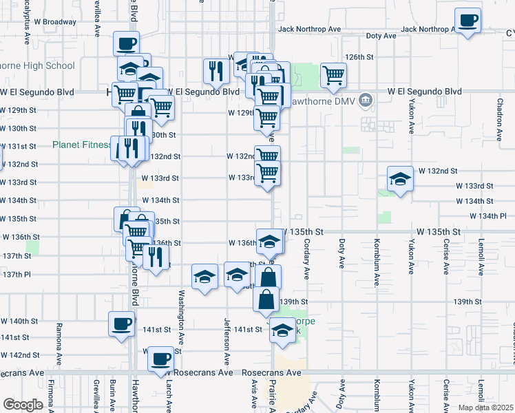 map of restaurants, bars, coffee shops, grocery stores, and more near 4060 West 134th Street in Hawthorne