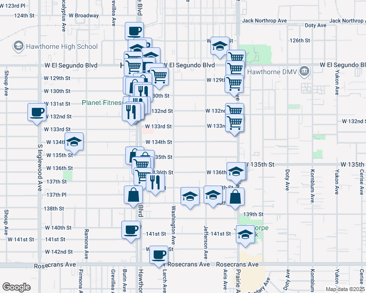 map of restaurants, bars, coffee shops, grocery stores, and more near 4218 West 134th Street in Hawthorne