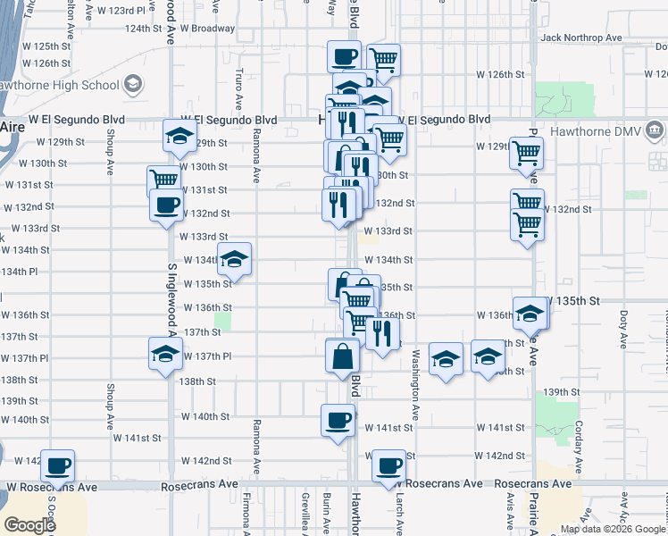 map of restaurants, bars, coffee shops, grocery stores, and more near 13415 Hawthorne Boulevard in Hawthorne