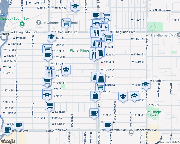 map of restaurants, bars, coffee shops, grocery stores, and more near 4470 West 134th Street in Hawthorne