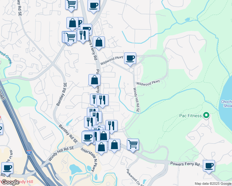 map of restaurants, bars, coffee shops, grocery stores, and more near 1658 Woodwalk Stream in Atlanta