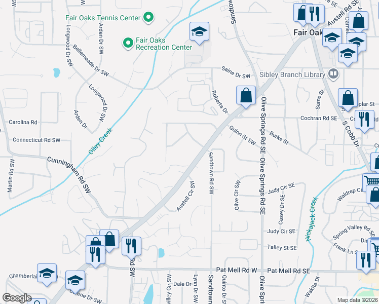 map of restaurants, bars, coffee shops, grocery stores, and more near 1772 Austell Road Southwest in Marietta