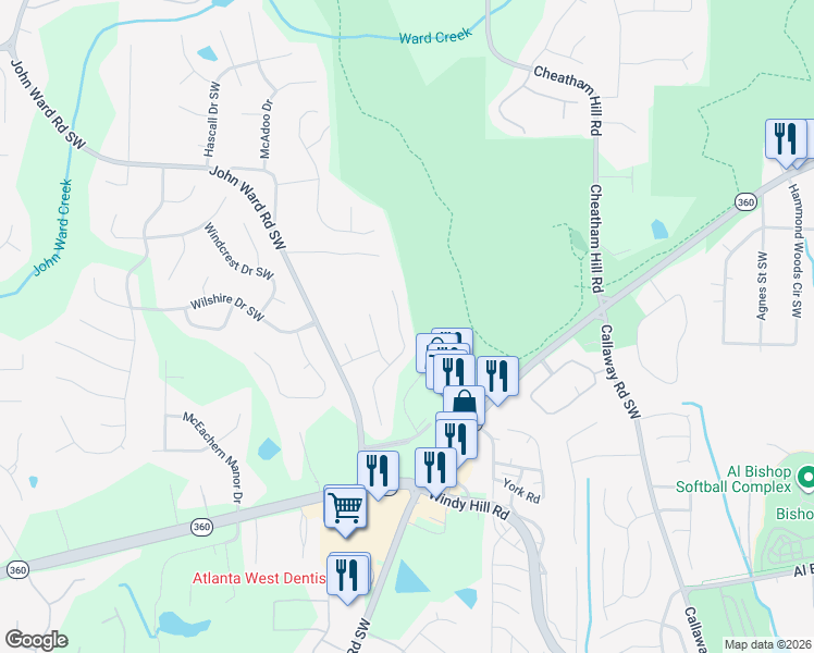 map of restaurants, bars, coffee shops, grocery stores, and more near 1715 Rifle Ridge Southwest in Marietta