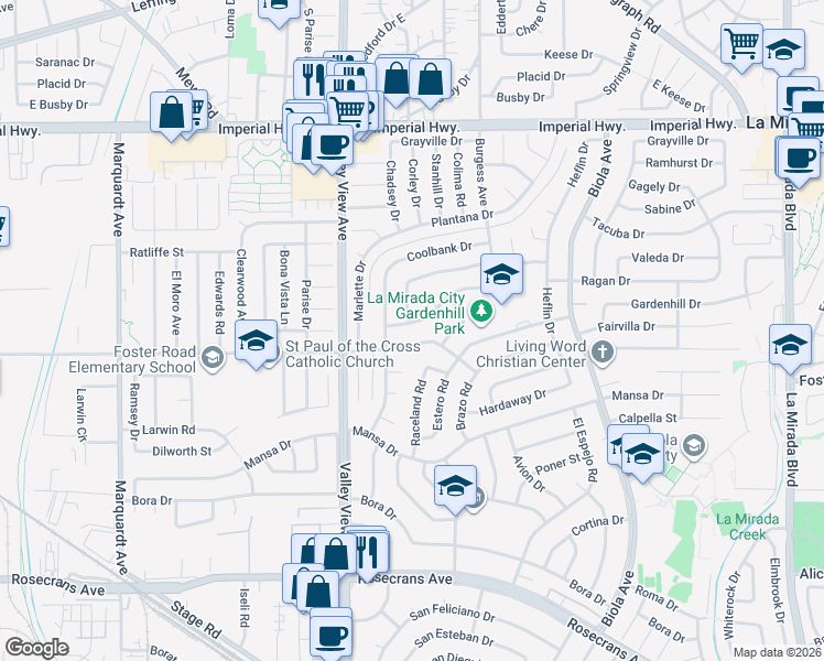 map of restaurants, bars, coffee shops, grocery stores, and more near 14326 Valeda Drive in La Mirada