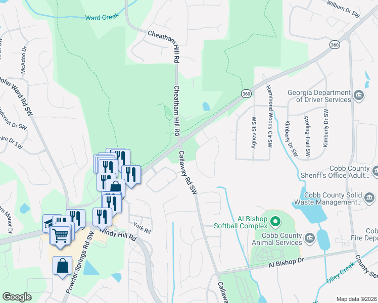 map of restaurants, bars, coffee shops, grocery stores, and more near 1429 Powder Springs Road Southwest in Marietta