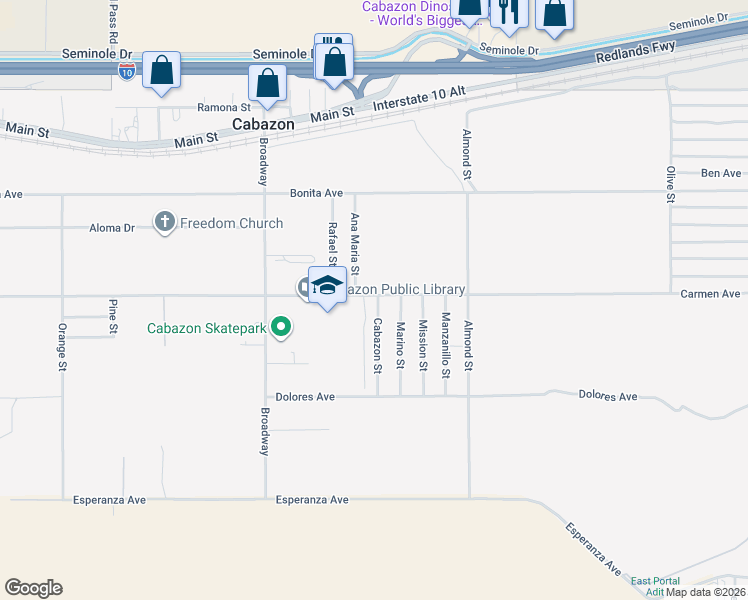 map of restaurants, bars, coffee shops, grocery stores, and more near Heather Avenue in Cabazon