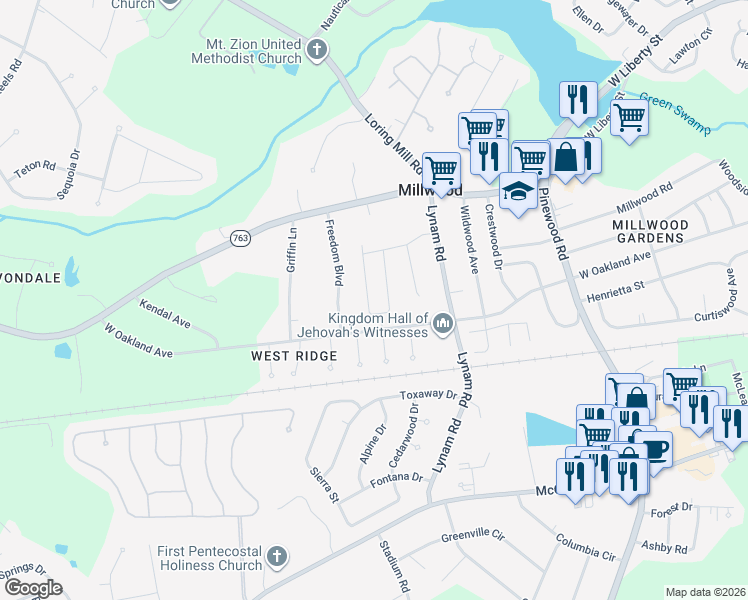 map of restaurants, bars, coffee shops, grocery stores, and more near 305 Freedom Boulevard in Sumter