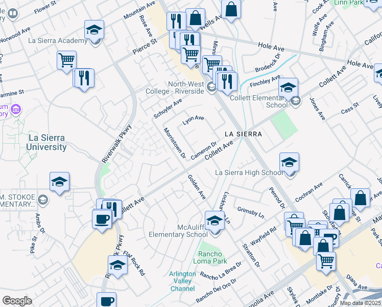 map of restaurants, bars, coffee shops, grocery stores, and more near 4342 Blueridge Drive in Riverside