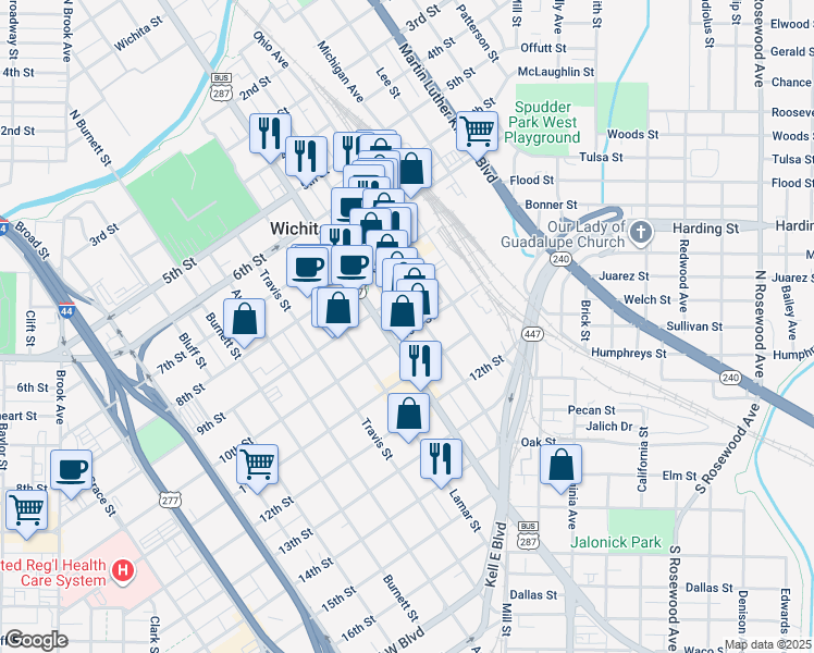map of restaurants, bars, coffee shops, grocery stores, and more near 708 Indiana Avenue in Wichita Falls