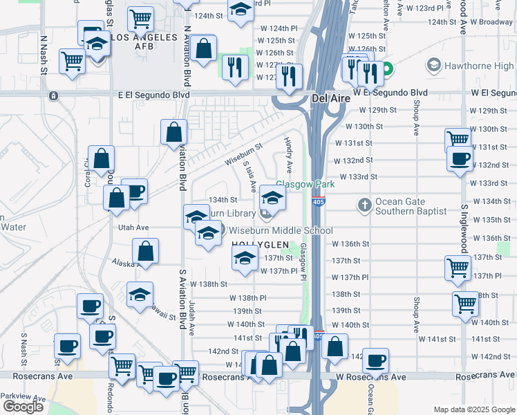 map of restaurants, bars, coffee shops, grocery stores, and more near 13418 Isis Avenue in Hawthorne