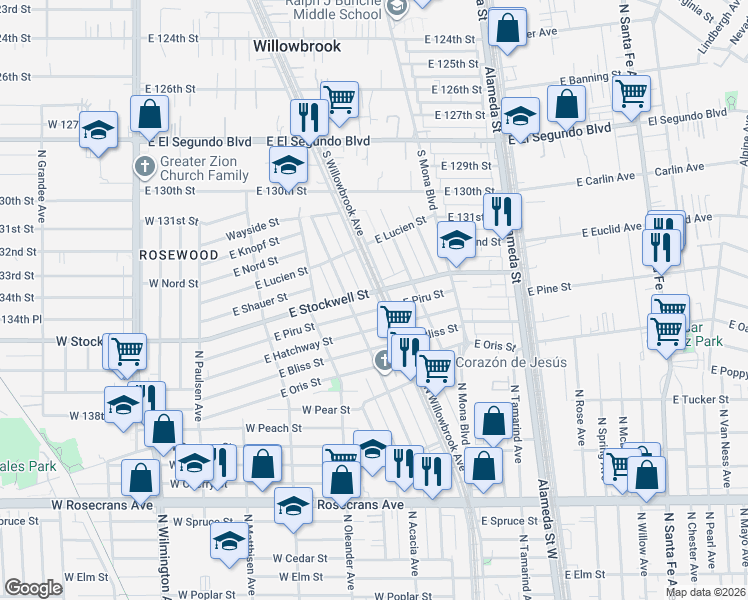 map of restaurants, bars, coffee shops, grocery stores, and more near 13409 South Willowbrook Avenue in Compton