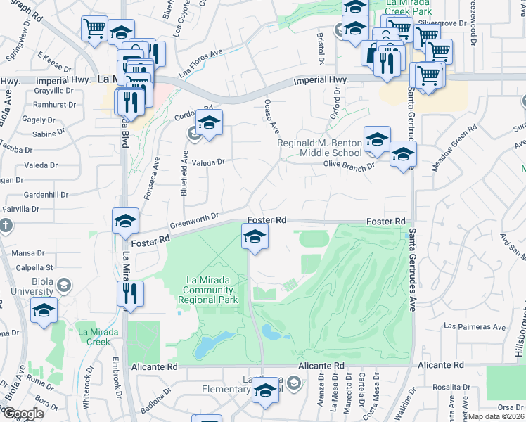 map of restaurants, bars, coffee shops, grocery stores, and more near 13210 Avenida Socorro in La Mirada