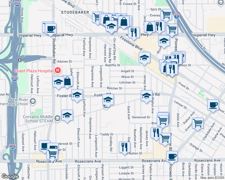 map of restaurants, bars, coffee shops, grocery stores, and more near 11408 Belcher Street in Norwalk