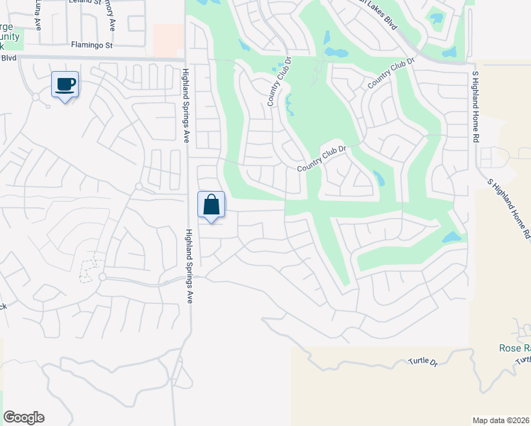 map of restaurants, bars, coffee shops, grocery stores, and more near 5950 Turnberry Drive in Banning