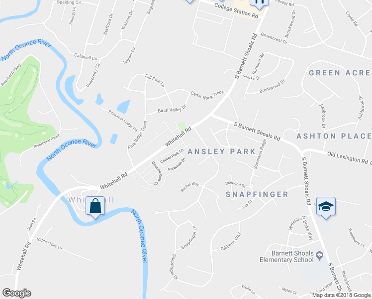 map of restaurants, bars, coffee shops, grocery stores, and more near 103 Center Park Lane in Athens