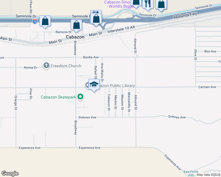 map of restaurants, bars, coffee shops, grocery stores, and more near 14508 Cabazon Street in Cabazon