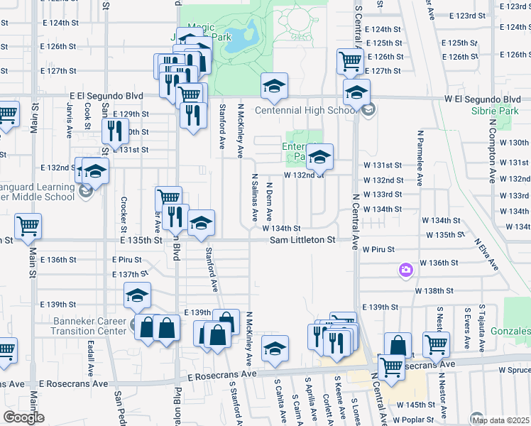 map of restaurants, bars, coffee shops, grocery stores, and more near 2005 North Dern Avenue in Los Angeles